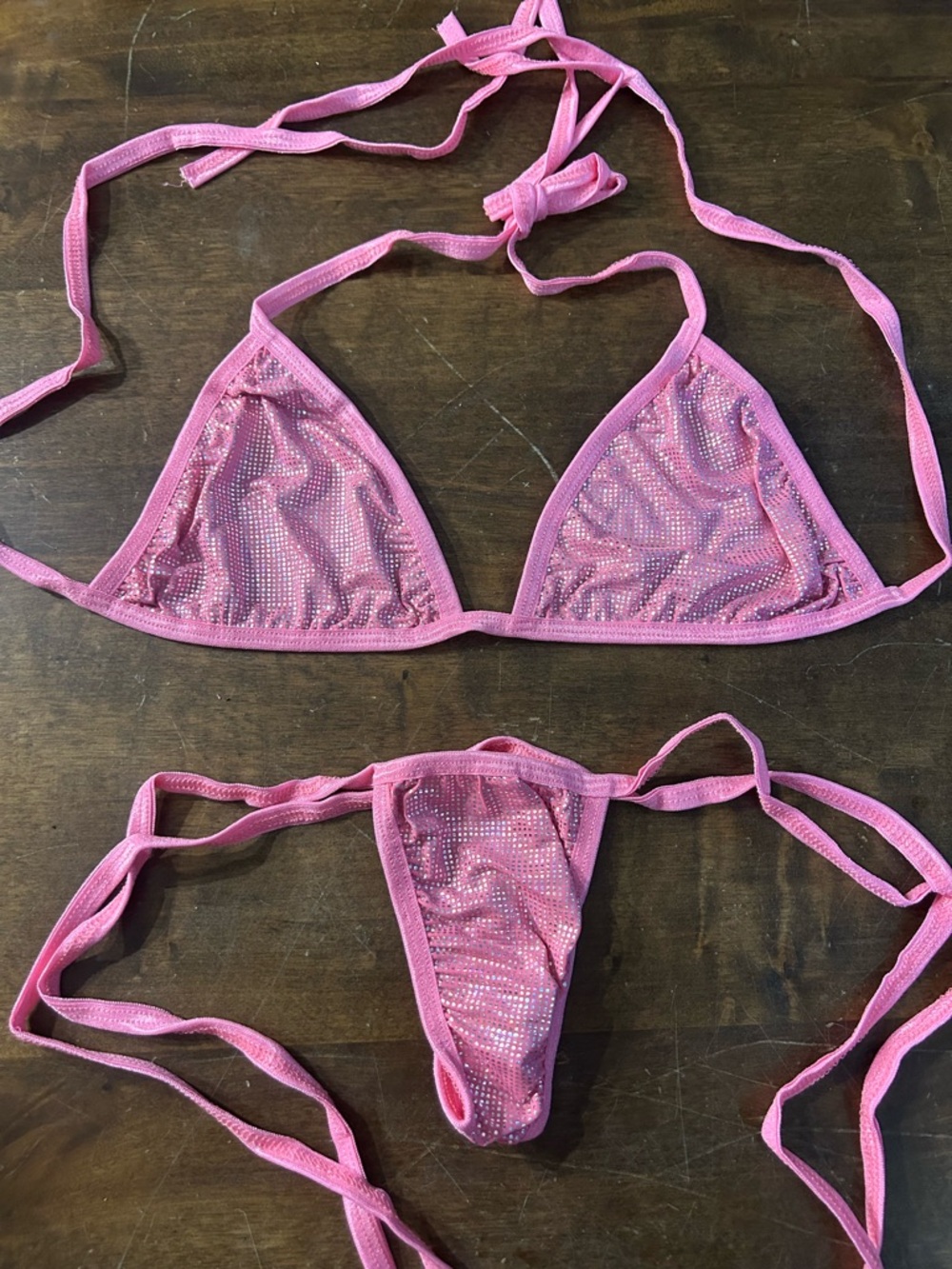 NWOT Handmade Light Barbie Pink Ice & Light Pink Tri-Top Thong Bottom Bikini